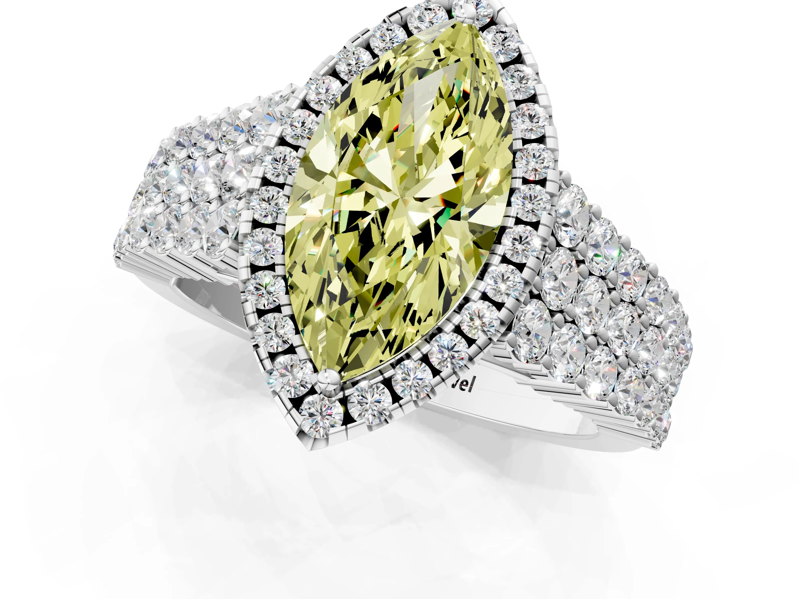 White gold Fancy Yellow Marquise Cut Halo Pavé Diamond Engagement Ring with Split Shank and Four-Prong Setting_4