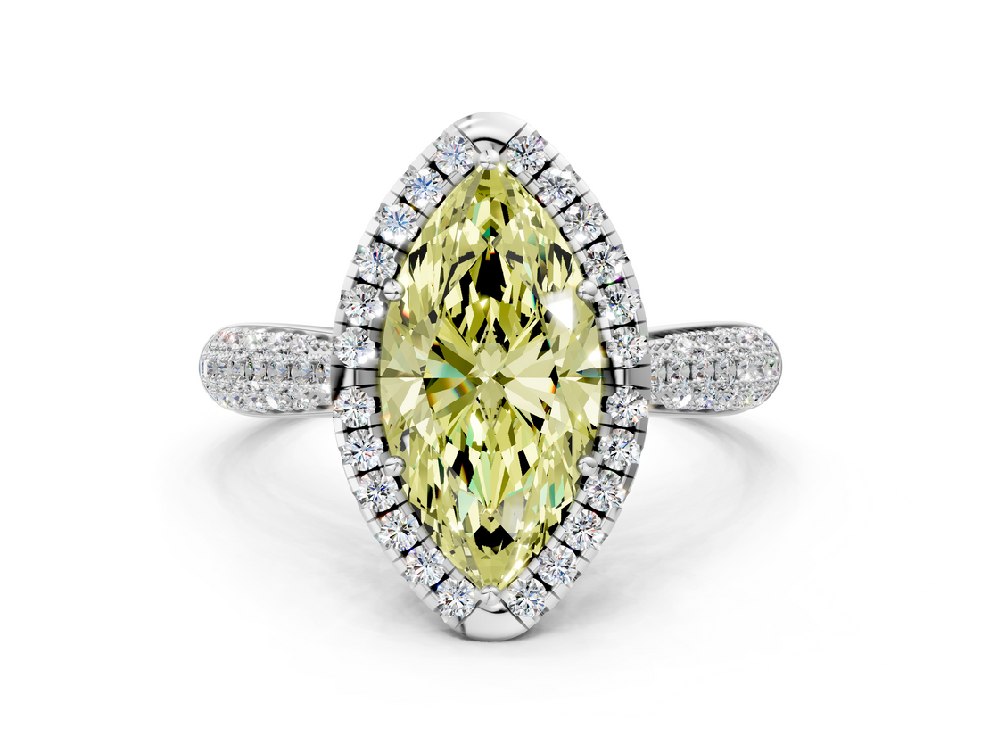 White gold Fancy Yellow Marquise  Cut Halo Pave Band Four-Prong Setting Ring