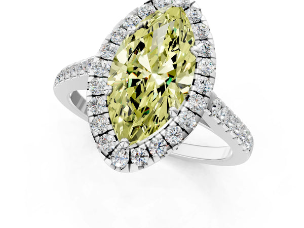 White gold Fancy Yellow Marquise Cut Halo Pave Diamond Engagement Ring with Four-Prong Setting