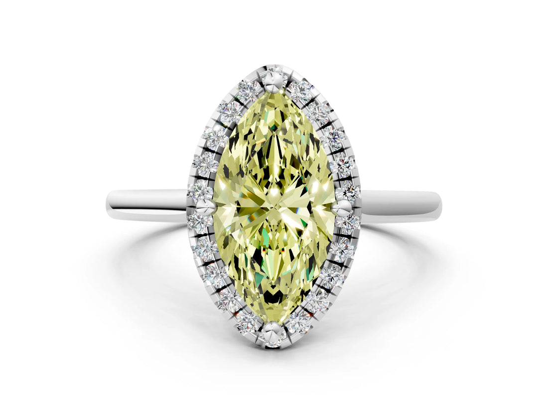 White gold Fancy Yellow Marquise Cut Halo Round Diamond Solitaire Engagement Ring with Pave Band and Four-Prong Setting_24