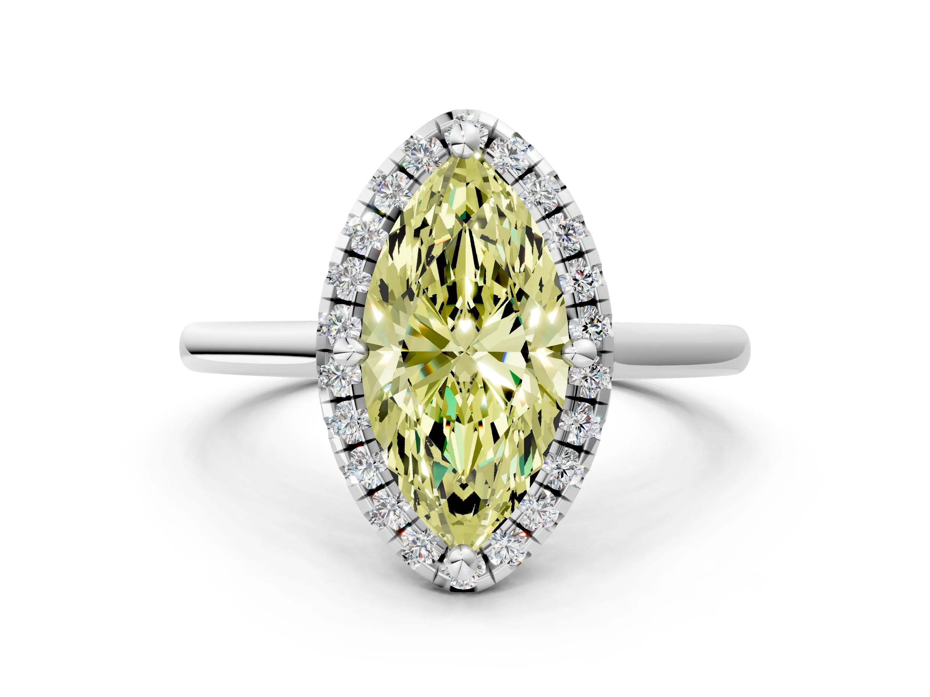 White gold Fancy Yellow Marquise Cut Halo Round Diamond Solitaire Engagement Ring with Pave Band and Four-Prong Setting_24