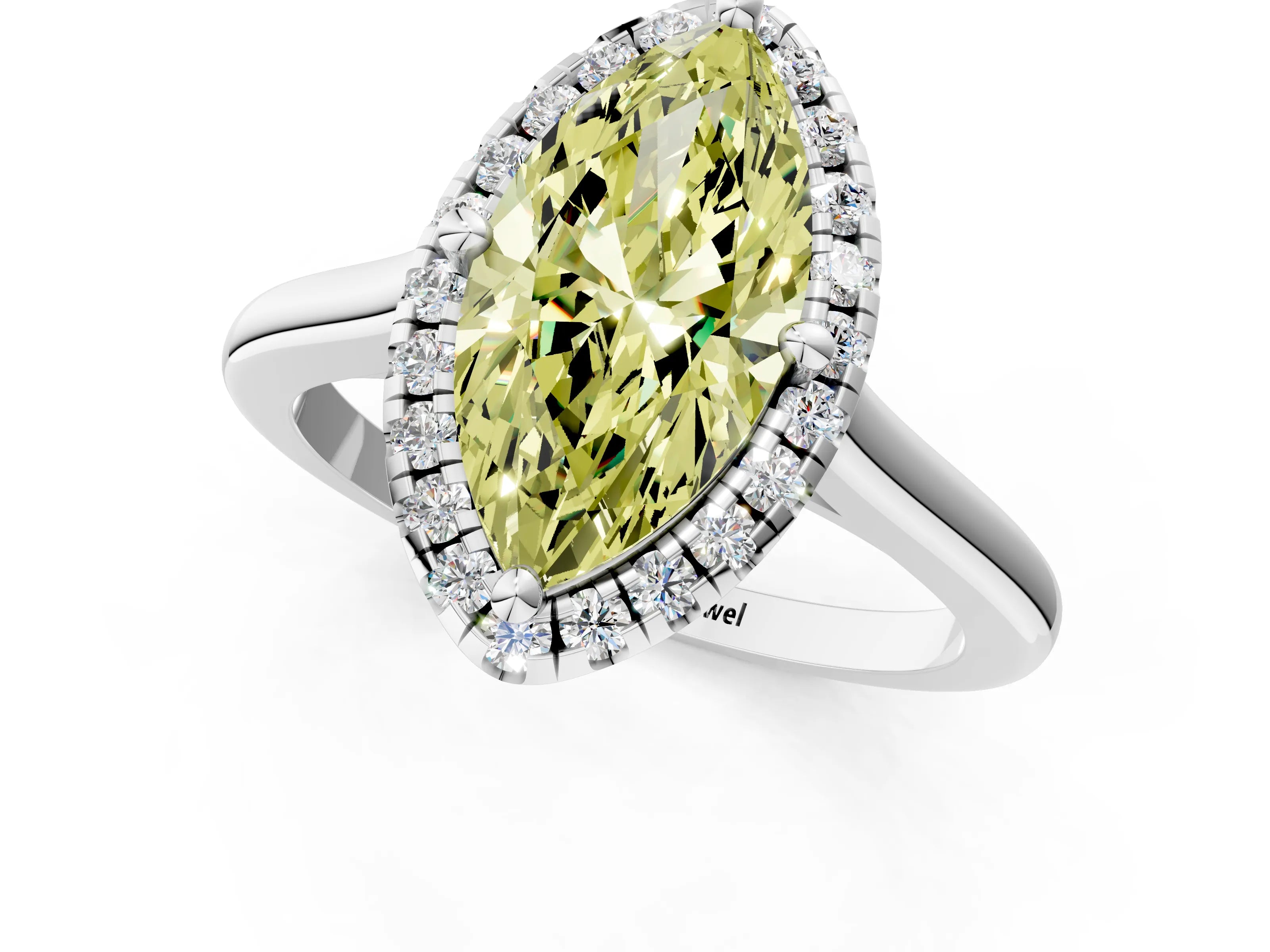 White gold Fancy Yellow Marquise Cut Halo Round Diamond Solitaire Engagement Ring with Pave Band and Four-Prong Setting_25