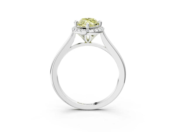 White gold Fancy Yellow Marquise Cut Halo Round Diamond Solitaire Engagement Ring with Pave Band and Four-Prong Setting
