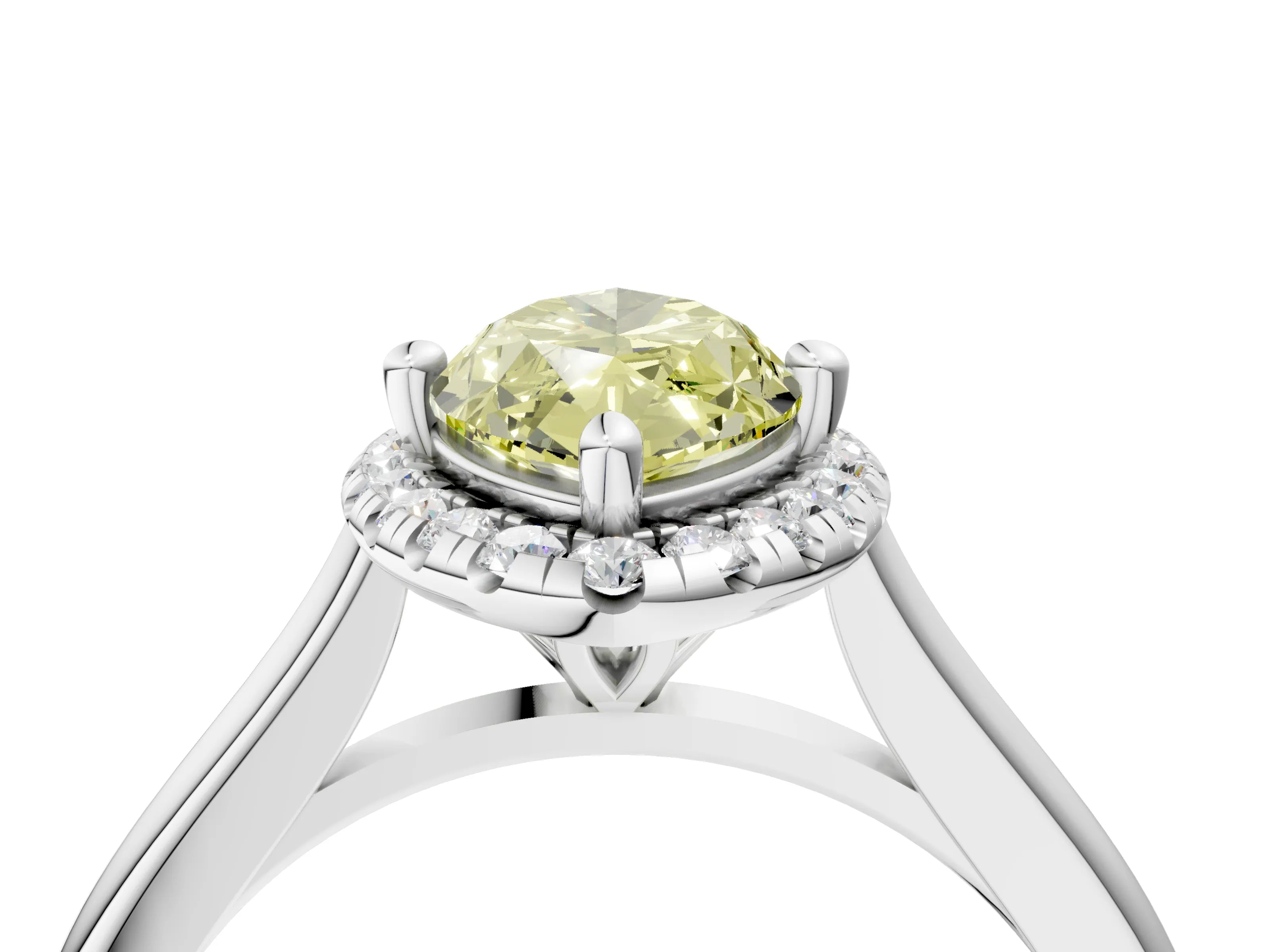 White gold Fancy Yellow Marquise Cut Halo Round Diamond Solitaire Engagement Ring with Pave Band and Four-Prong Setting_28