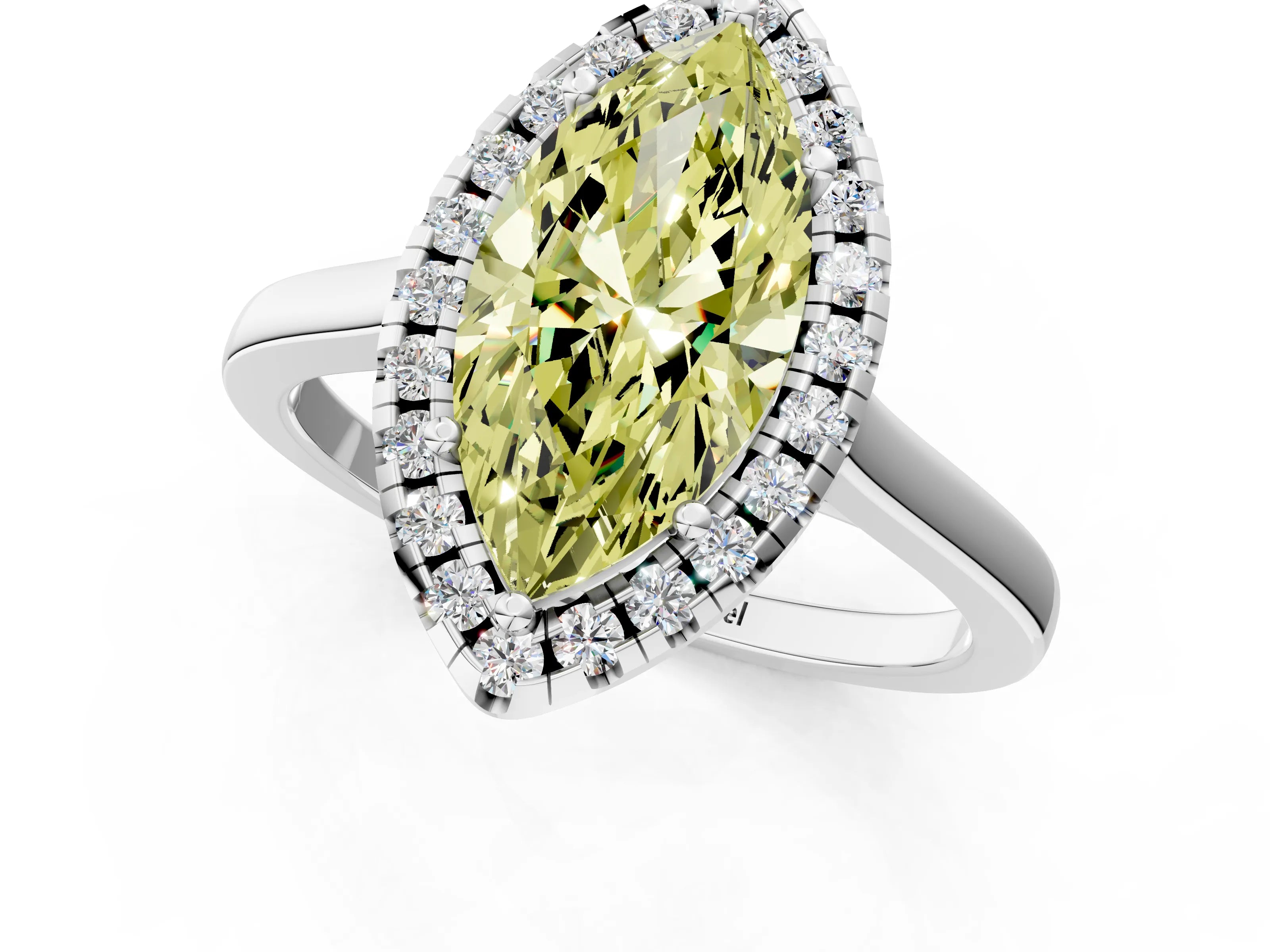 White gold Fancy Yellow Marquise Cut Halo Round Diamond Solitaire Ring with Pavé Band and Four-Prong Setting_1