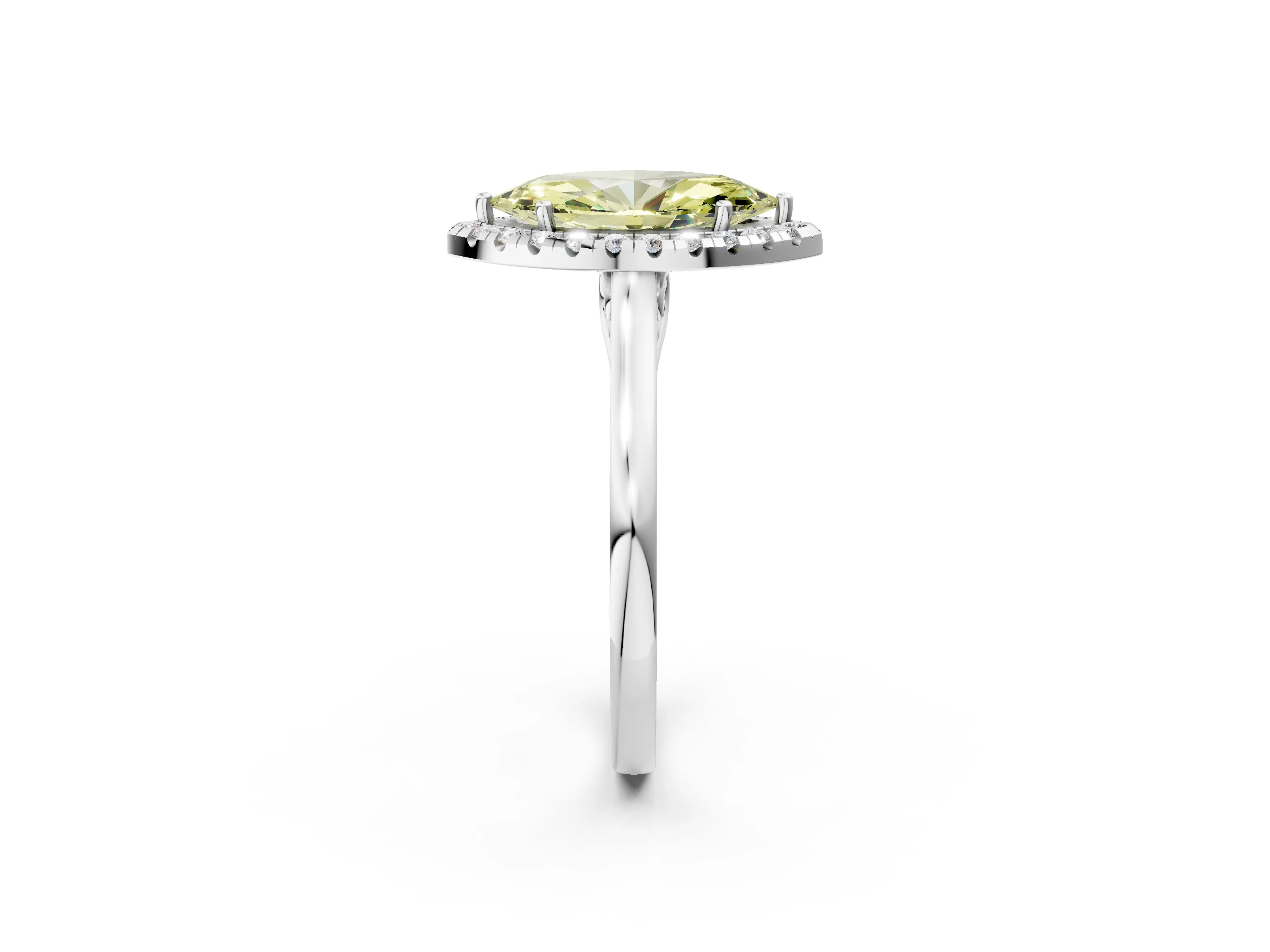 White gold Fancy Yellow Marquise Cut Halo Round Diamond Solitaire Ring with Pavé Band and Four-Prong Setting_2