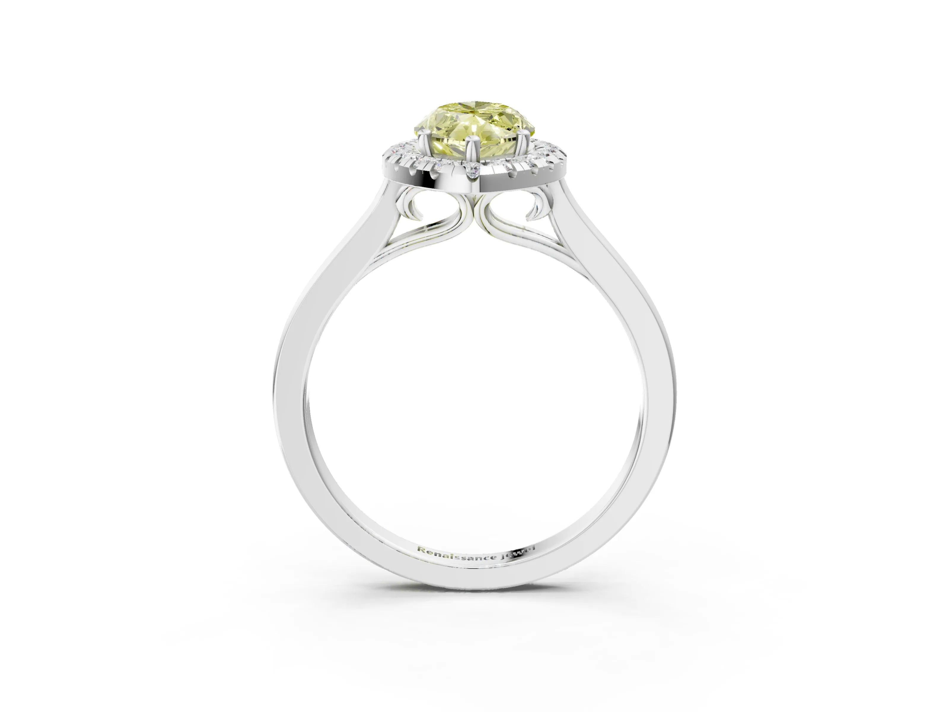 White gold Fancy Yellow Marquise Cut Halo Round Diamond Solitaire Ring with Pavé Band and Four-Prong Setting_3