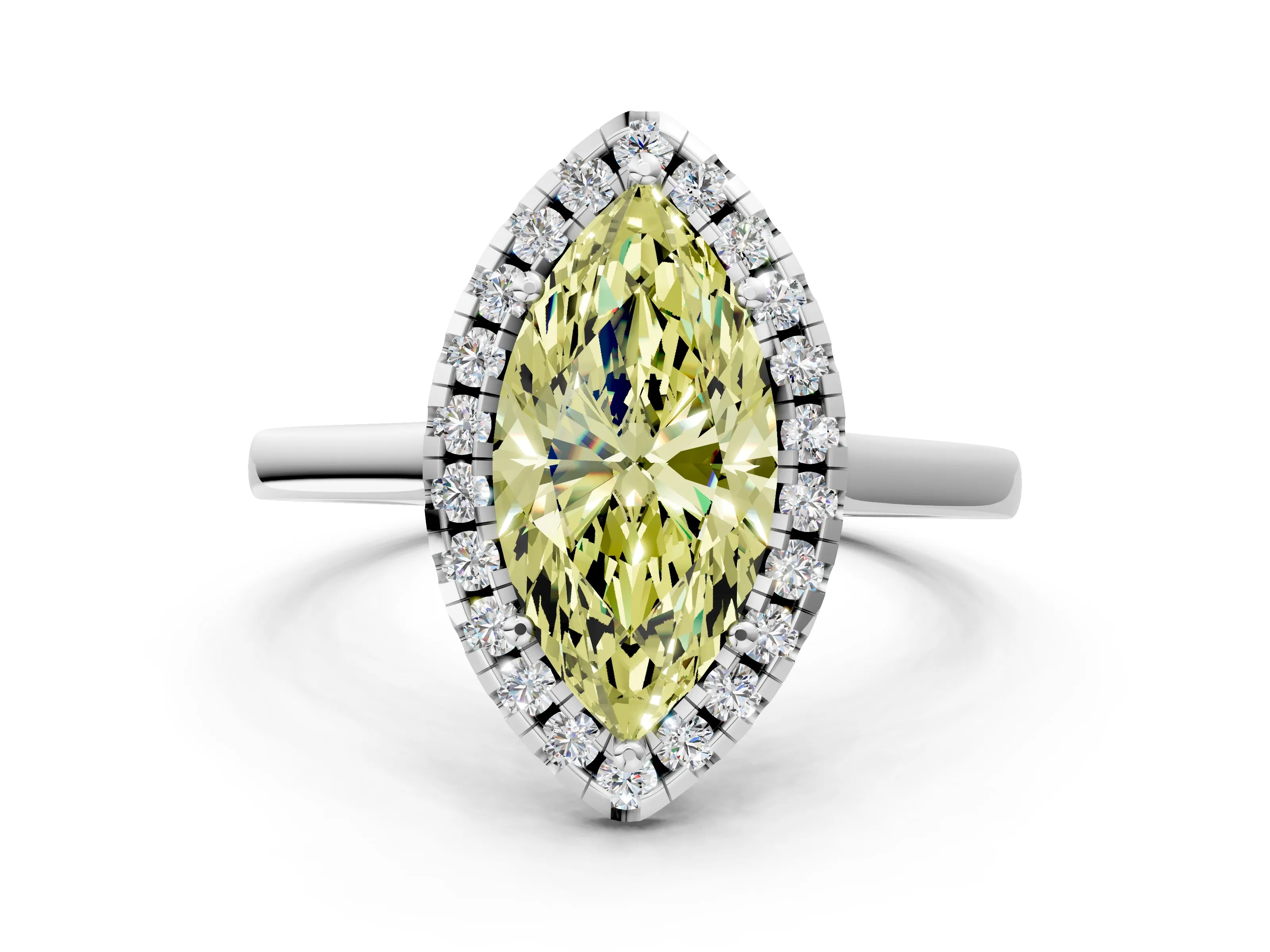 White gold Fancy Yellow Marquise Cut Halo Round Diamond Solitaire Ring with Pavé Band and Four-Prong Setting