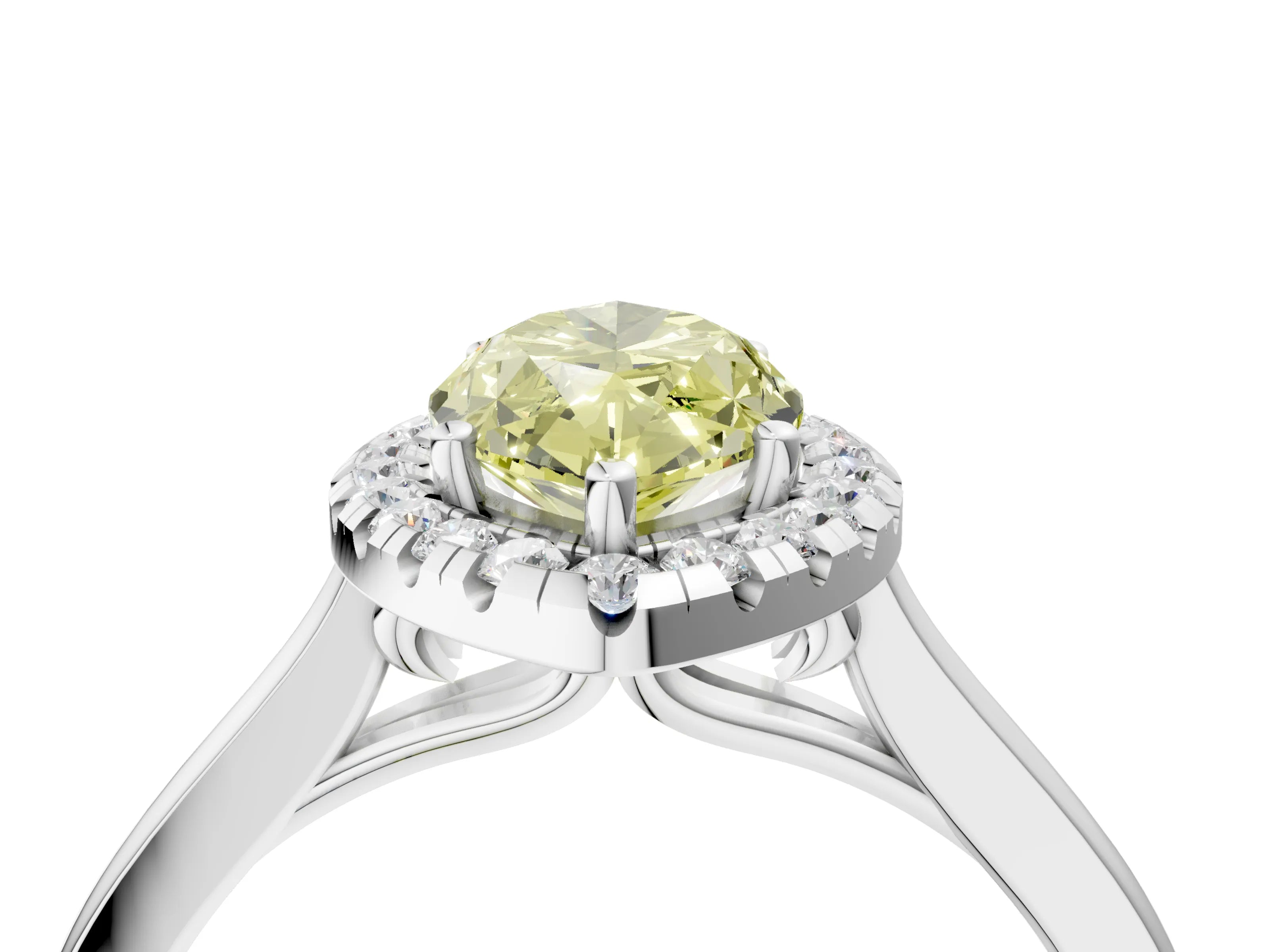 White gold Fancy Yellow Marquise Cut Halo Round Diamond Solitaire Ring with Pavé Band and Four-Prong Setting_4