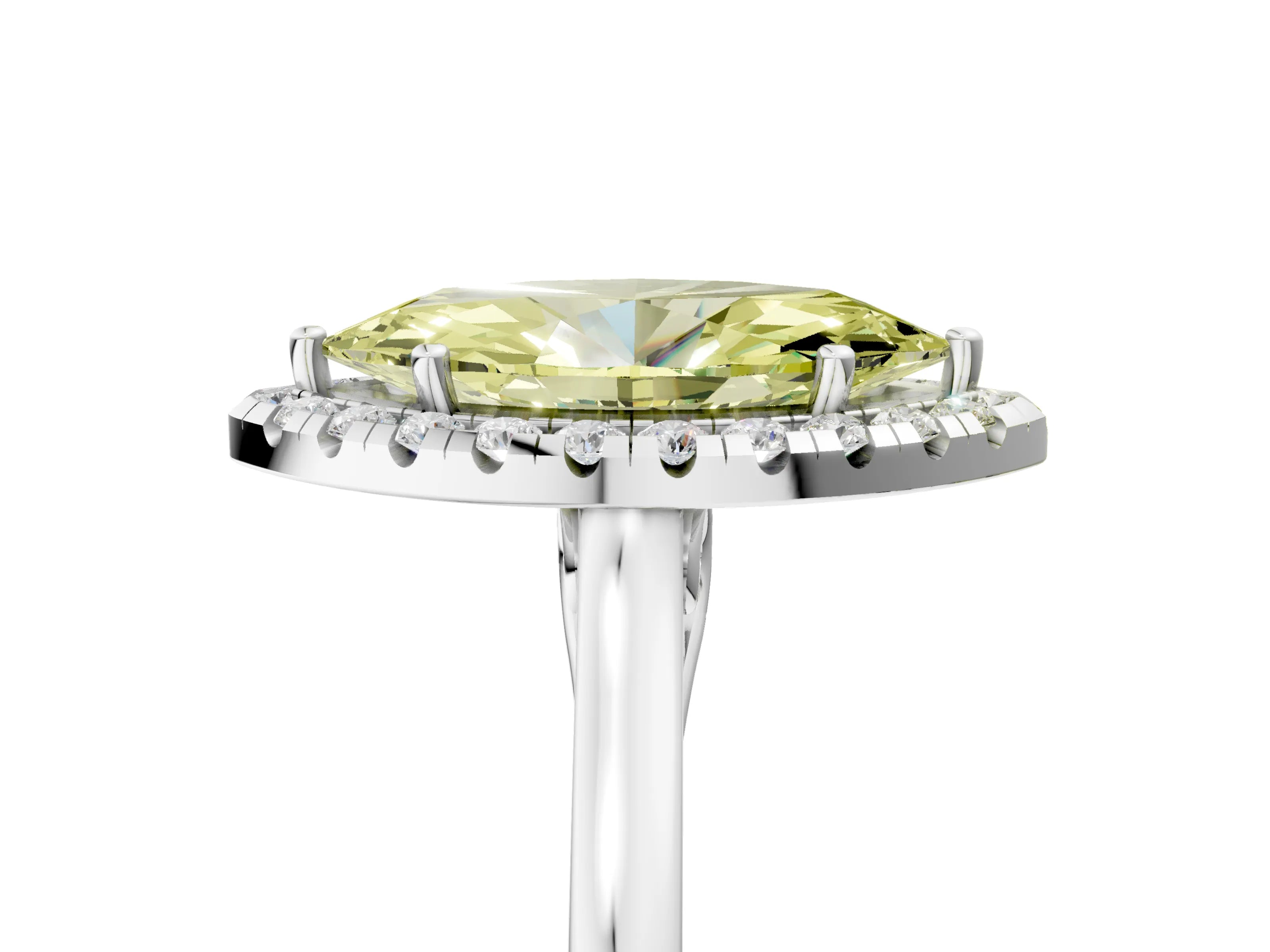 White gold Fancy Yellow Marquise Cut Halo Round Diamond Solitaire Ring with Pavé Band and Four-Prong Setting_5
