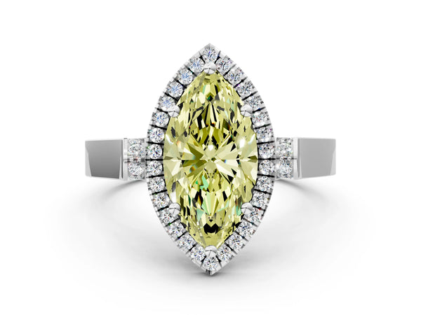 Platinum Fancy Yellow Marquise Cut Halo Round Diamond Twist Band with Four-Prong Setting