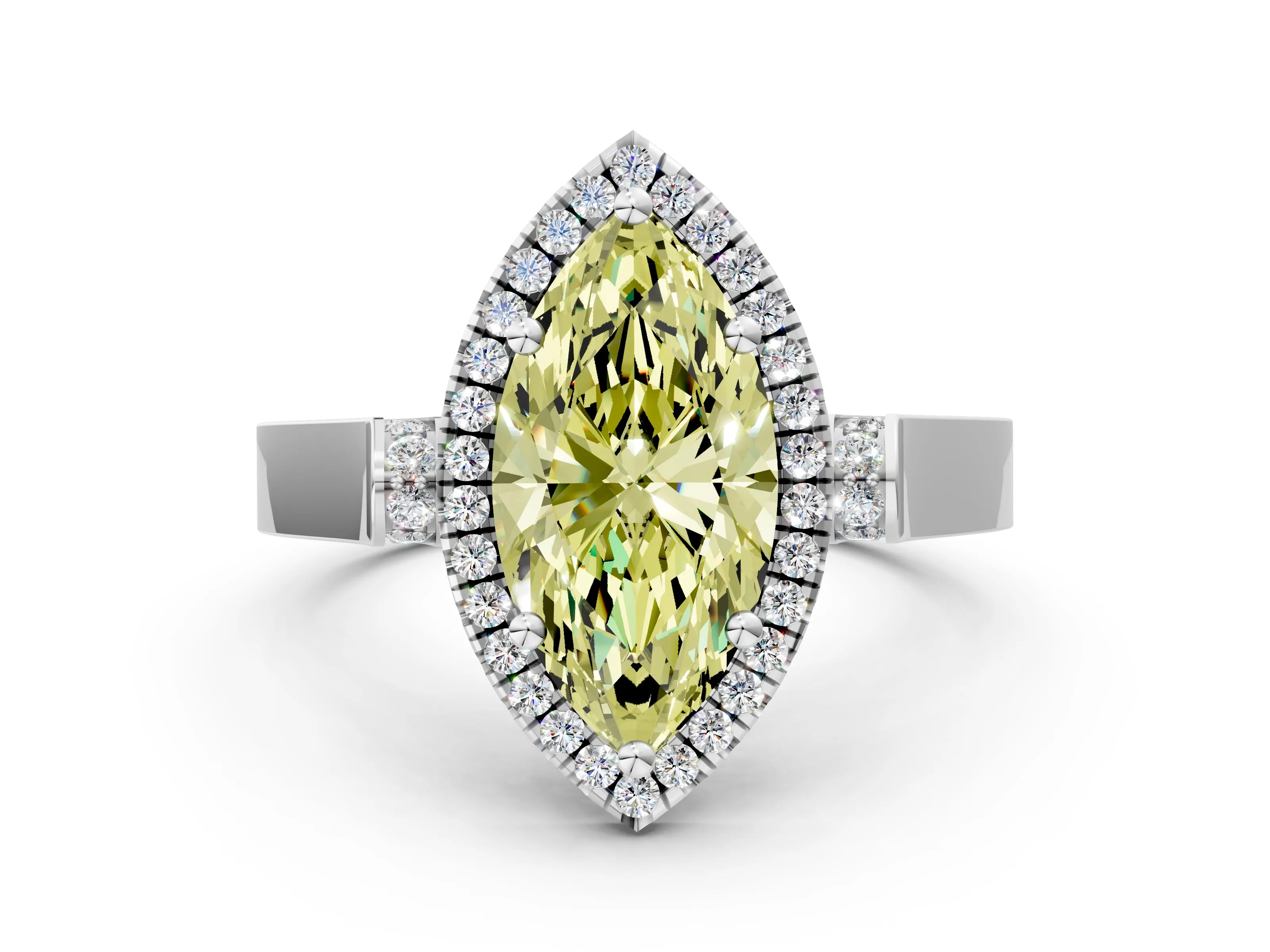 White gold Fancy Yellow Marquise Cut Halo Round Diamond Twist Band with Four-Prong Setting_24