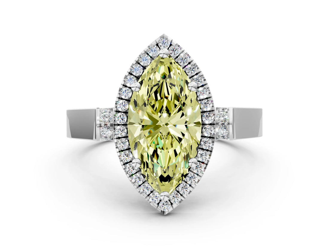White gold Fancy Yellow Marquise Cut Halo Round Diamond Twist Band with Four-Prong Setting_24