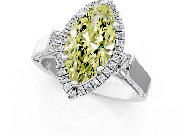 Platinum Fancy Yellow Marquise Cut Halo Round Diamond Twist Band with Four-Prong Setting