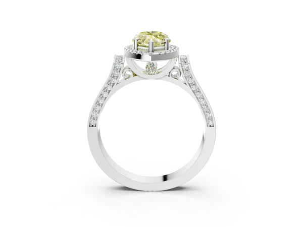 Platinum Fancy Yellow Marquise Cut Halo Round Diamond Twist Band with Four-Prong Setting