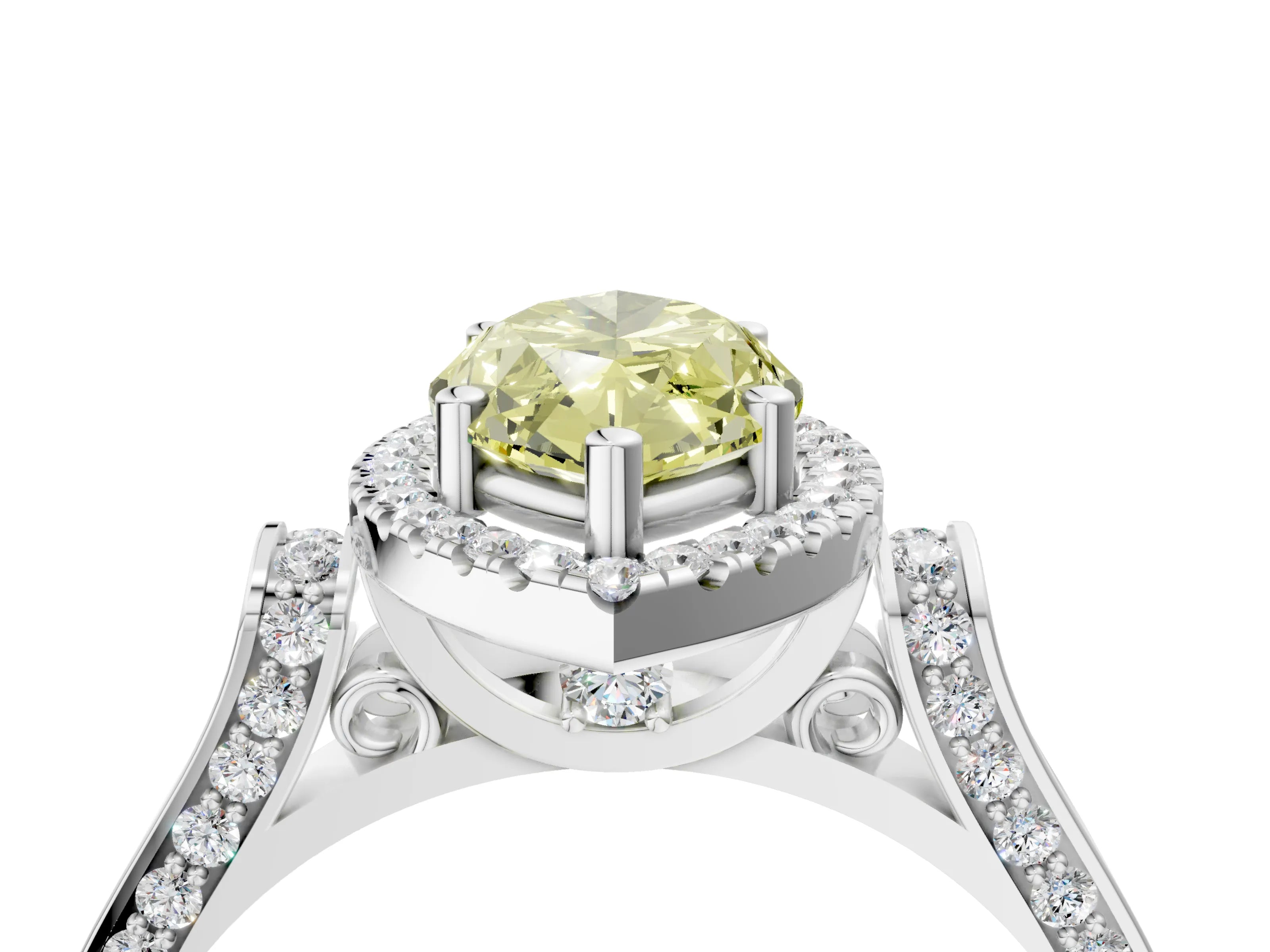 White gold Fancy Yellow Marquise Cut Halo Round Diamond Twist Band with Four-Prong Setting_28