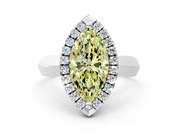White gold Fancy Yellow Marquise  Cut Halo Solitaire Engagement Ring with Square Band and Four-Prong Setting