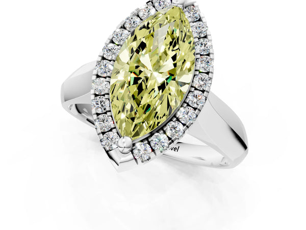 White gold Fancy Yellow Marquise  Cut Halo Solitaire Engagement Ring with Square Band and Four-Prong Setting