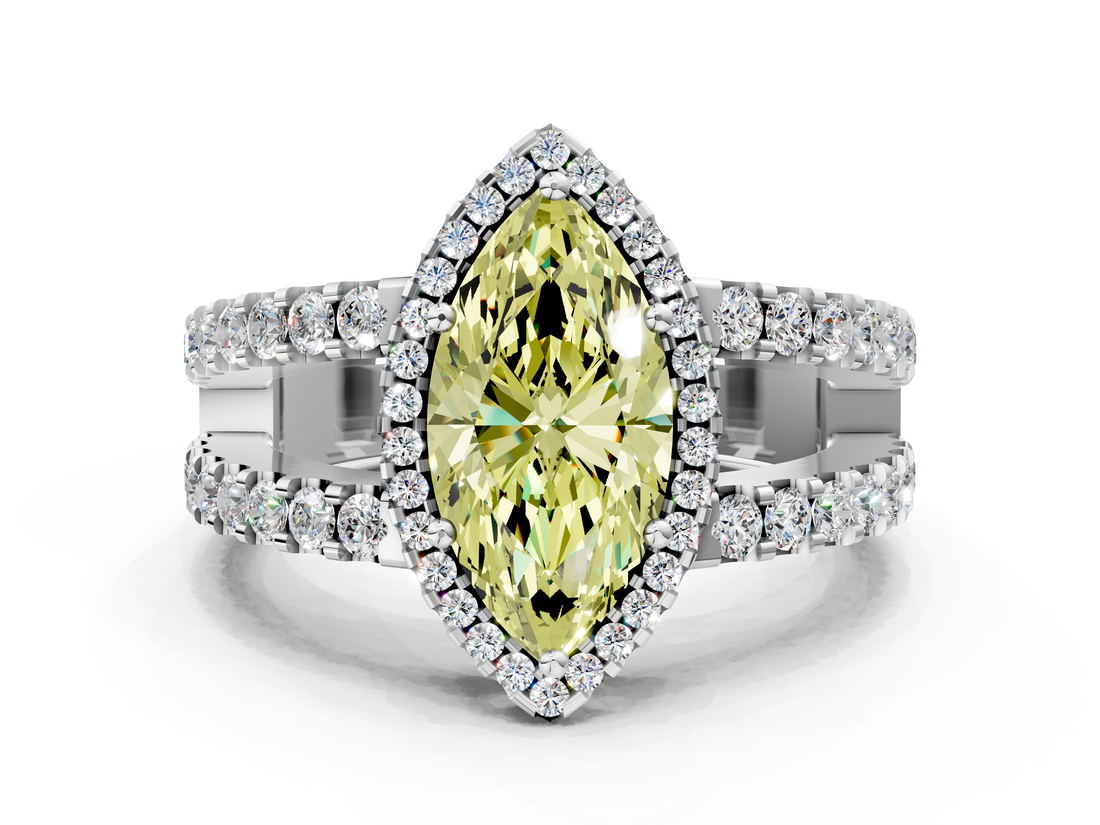 White gold Fancy Yellow Marquise  Cut Halo Split Shank Diamond Ring with Four-Prong Setting