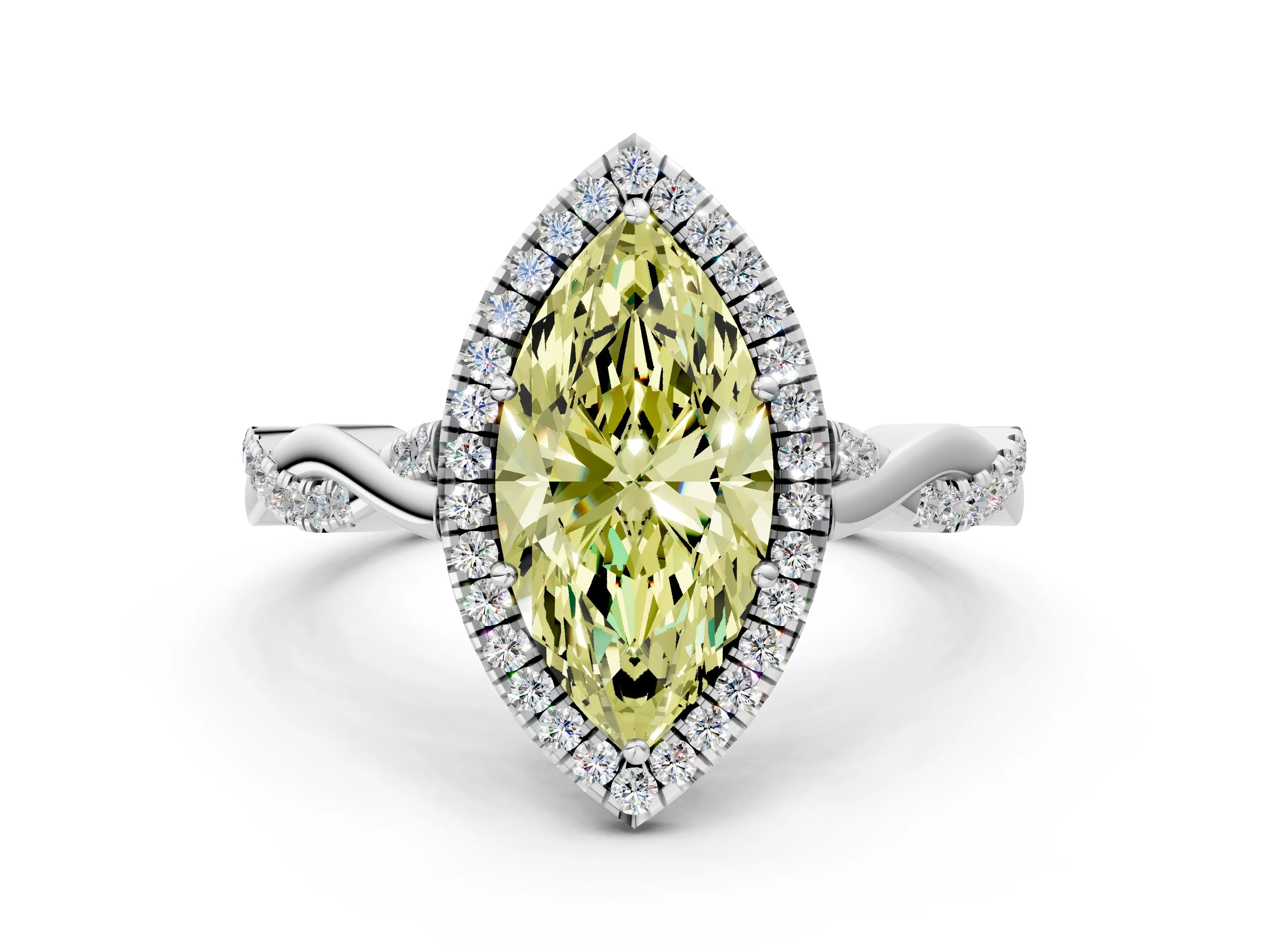 White gold Fancy Yellow Marquise Cut Halo Twist Band with Four-Prong Setting