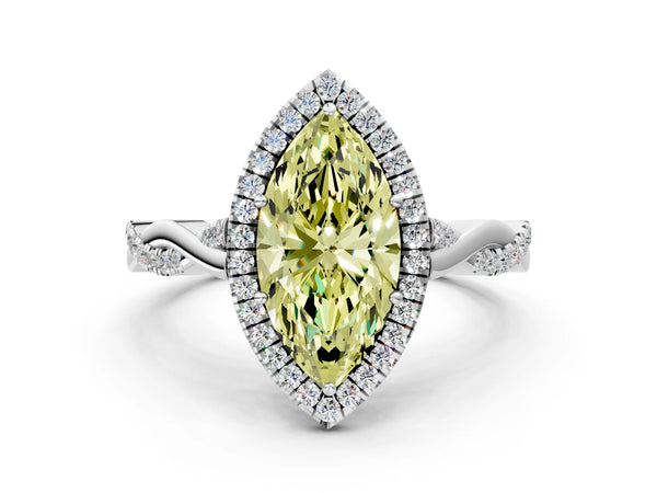 Platinum Fancy Yellow Marquise Cut Halo Twist Band with Four-Prong Setting