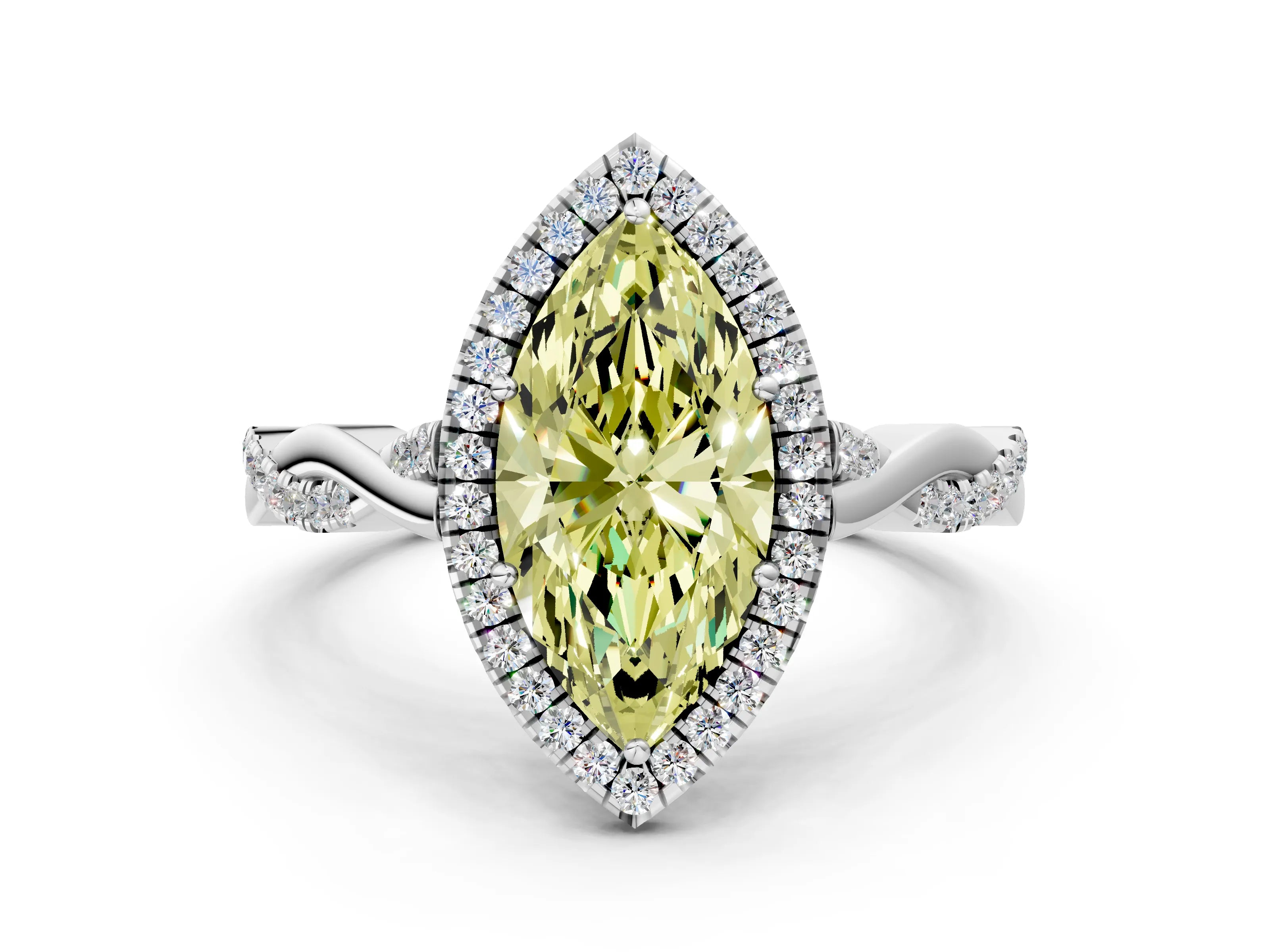 White gold Fancy Yellow Marquise Cut Halo Twist Band with Four-Prong Setting_84