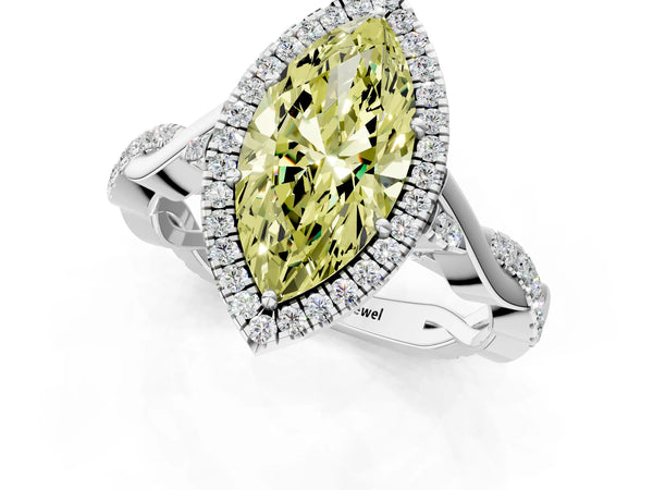 Platinum Fancy Yellow Marquise Cut Halo Twist Band with Four-Prong Setting