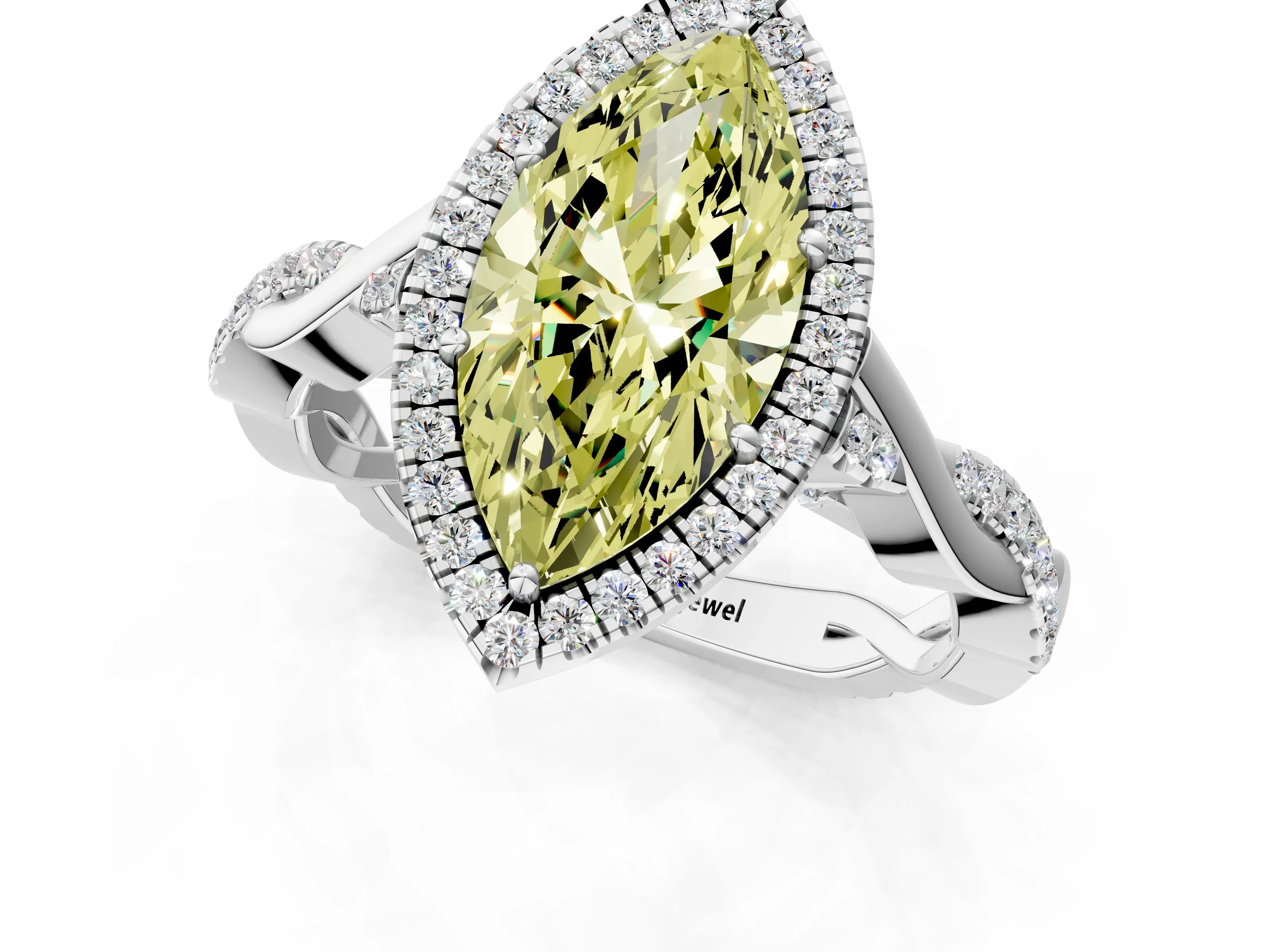 White gold Fancy Yellow Marquise Cut Halo Twist Band with Four-Prong Setting_85