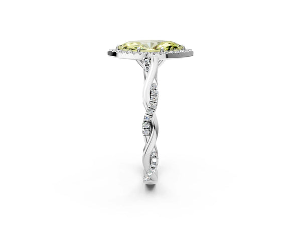 Platinum Fancy Yellow Marquise Cut Halo Twist Band with Four-Prong Setting