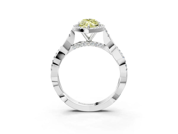 Platinum Fancy Yellow Marquise Cut Halo Twist Band with Four-Prong Setting