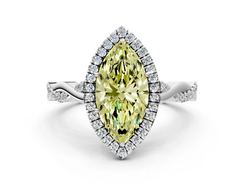 White gold Fancy Yellow Marquise Cut Halo Twist Band with Four-Prong Setting