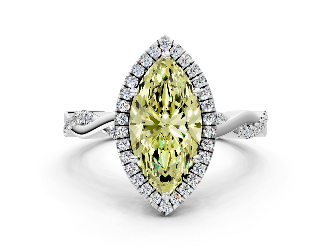 White gold Fancy Yellow Marquise  Cut Halo Twisted Band Four-Prong Ring
