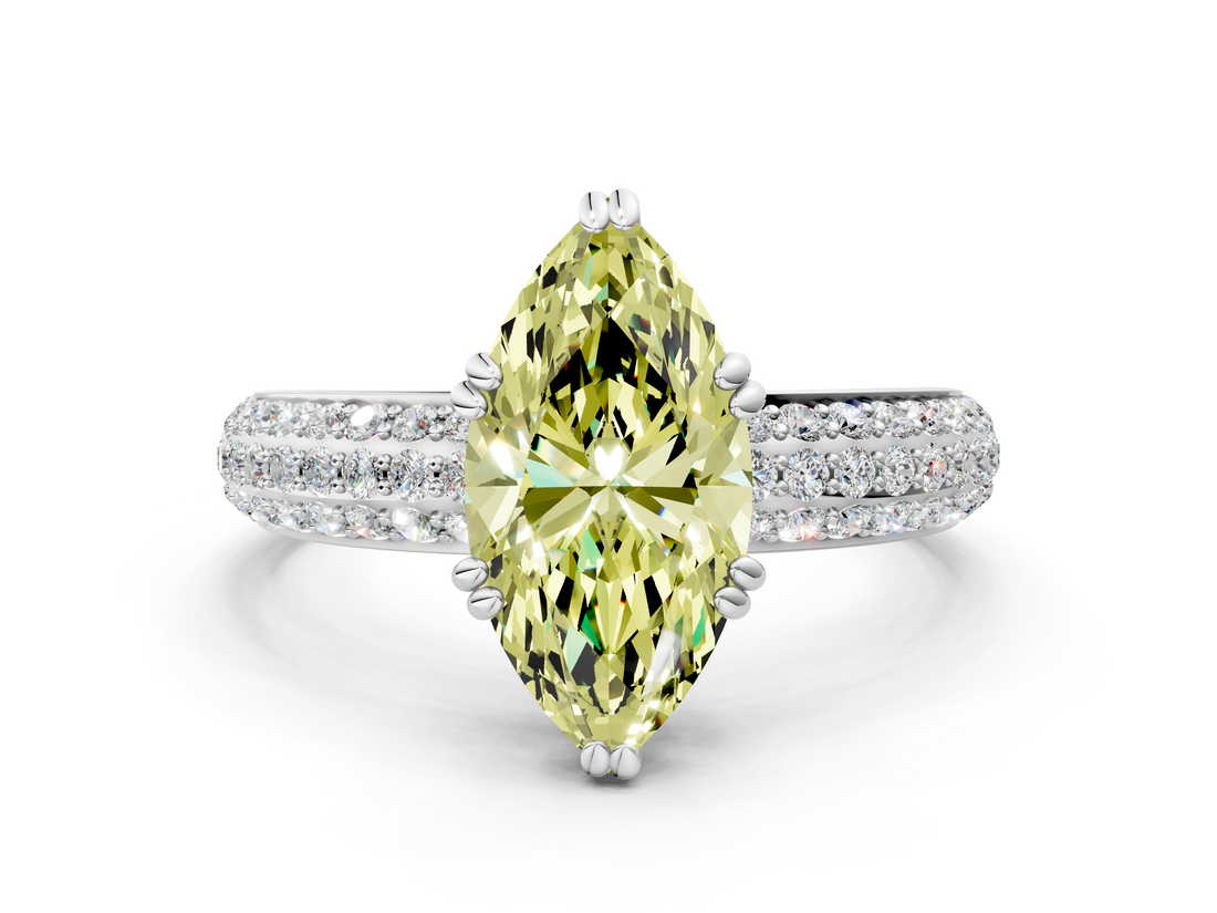 White gold Fancy Yellow Marquise  Cut Pave Diamond Engagement Ring with Channel Set Band and Four-Prong Setting