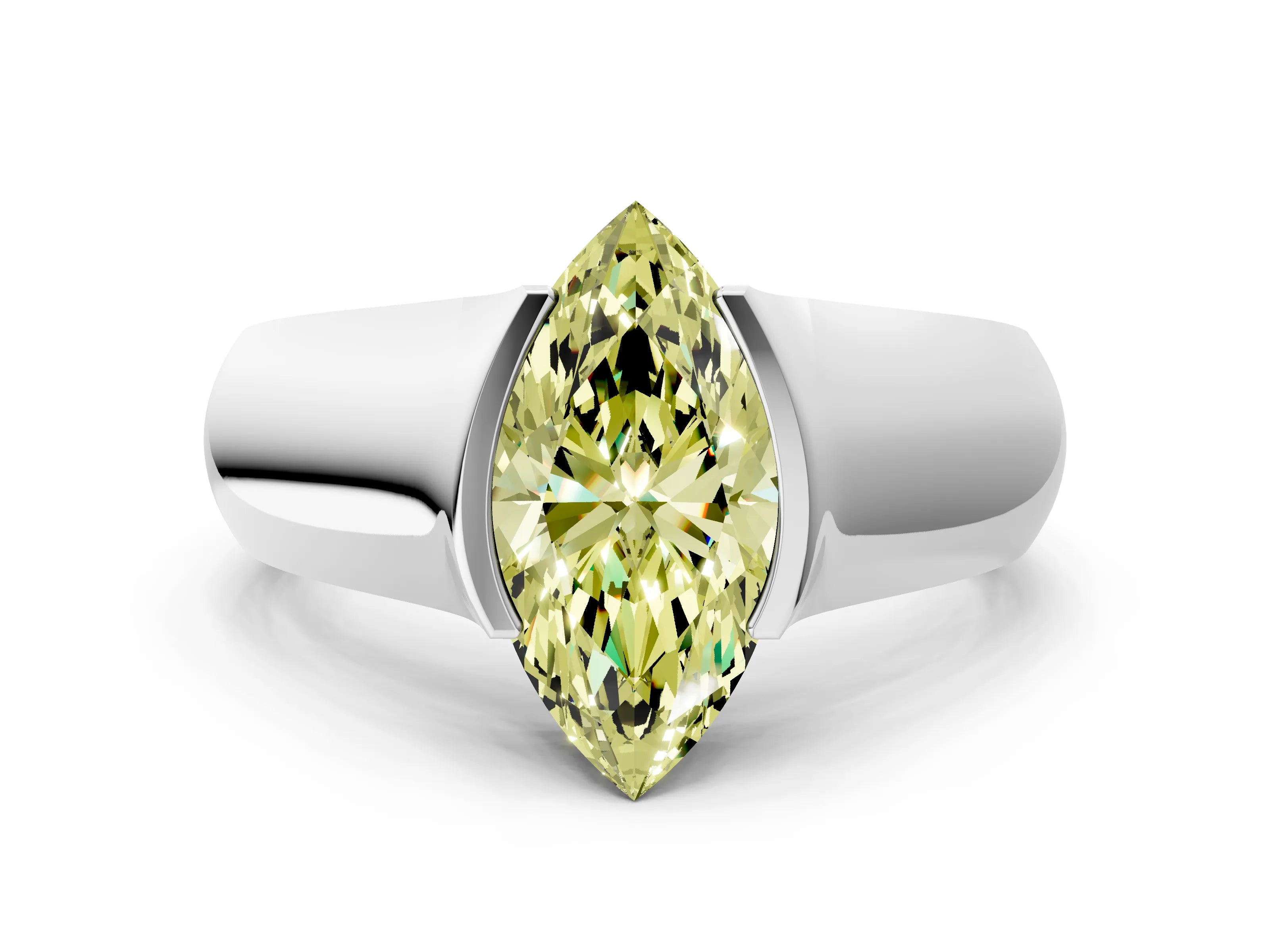 White gold Fancy Yellow Marquise Cut Solitaire Bezel Set Diamond Ring with Wide Band_12