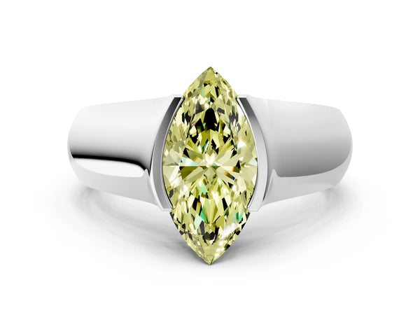 White gold Fancy Yellow Marquise Cut Solitaire Bezel Set Diamond Ring with Wide Band