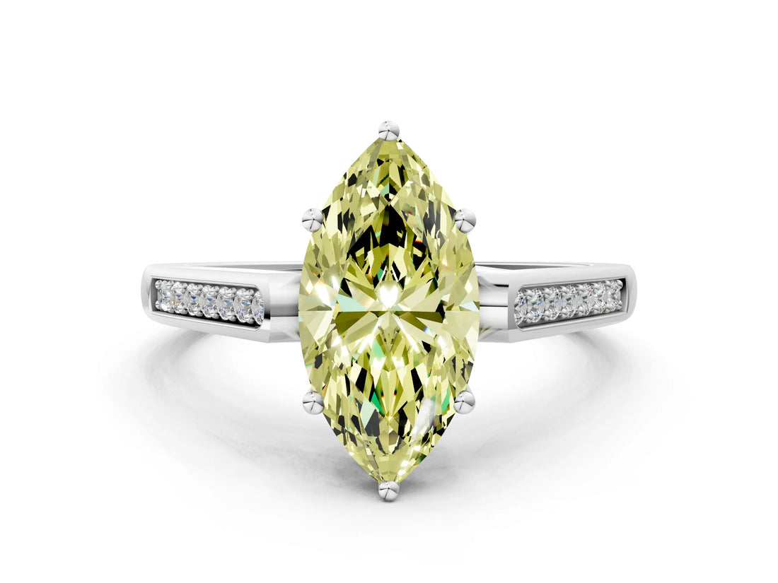 White gold Fancy Yellow Marquise Cut Solitaire Cathedral Diamond Engagement Ring with Channel-Set Band and Four-Prong Setting_15