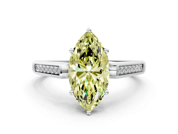 Platinum Fancy Yellow Marquise Cut Solitaire Cathedral Diamond Engagement Ring with Channel-Set Band and Four-Prong Setting