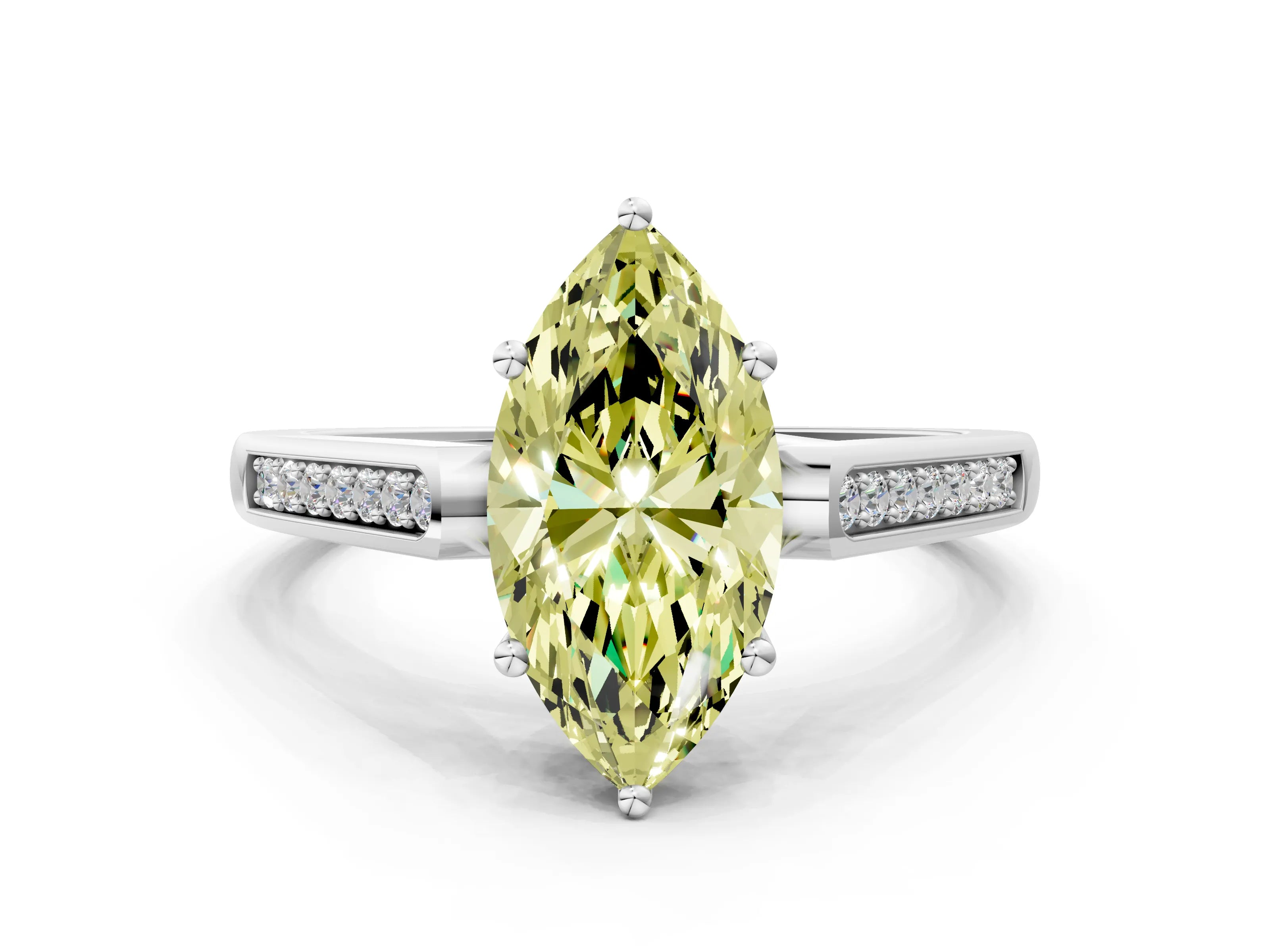 White gold Fancy Yellow Marquise Cut Solitaire Cathedral Diamond Engagement Ring with Channel-Set Band and Four-Prong Setting_3