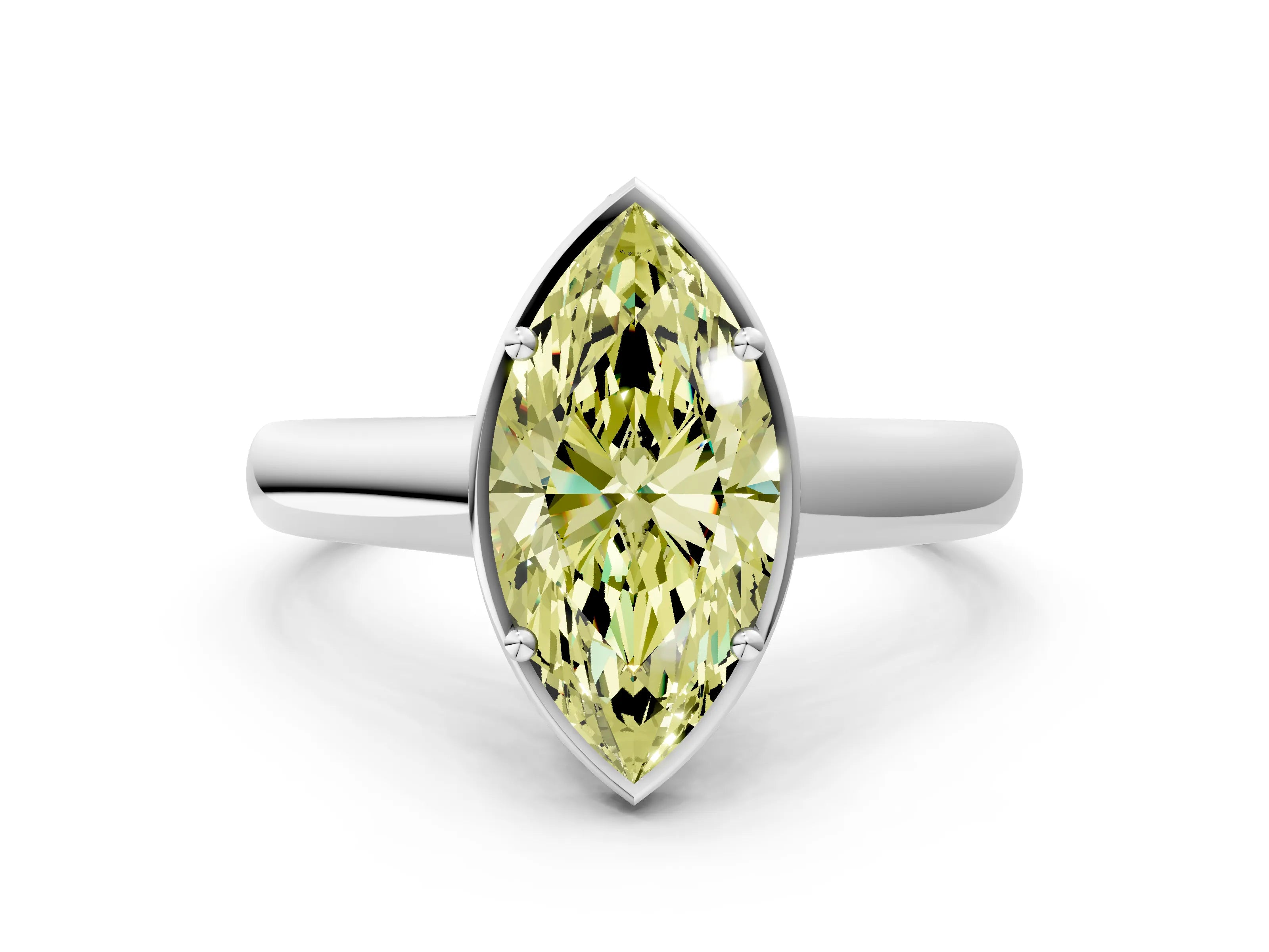 White gold Fancy Yellow Marquise Cut Solitaire Diamond Engagement Ring with Four-Prong Setting and Tapered Band