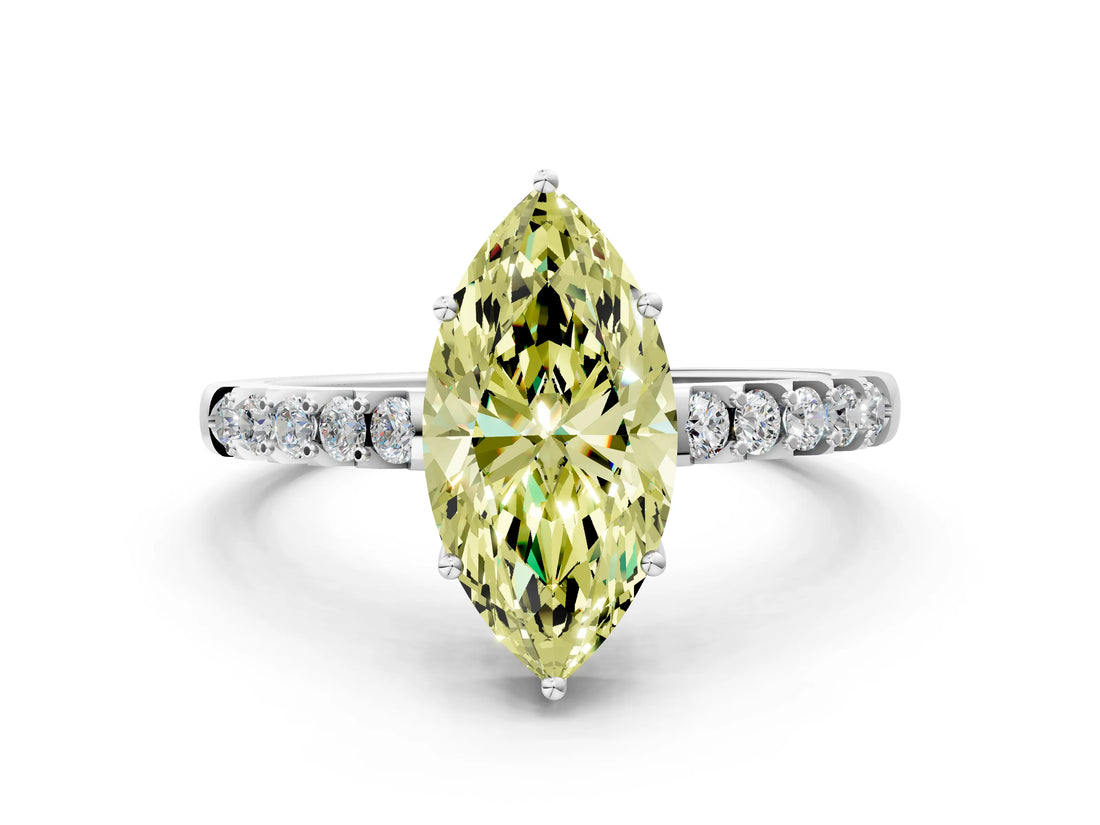 White gold Fancy Yellow Marquise Cut Solitaire Diamond Engagement Ring with Pavé Band and Six-Prong Setting_12