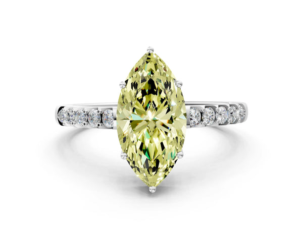 Platinum Fancy Yellow Marquise Cut Solitaire Diamond Engagement Ring with Pavé Band and Six-Prong Setting
