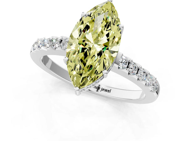 Platinum Fancy Yellow Marquise Cut Solitaire Diamond Engagement Ring with Pavé Band and Six-Prong Setting
