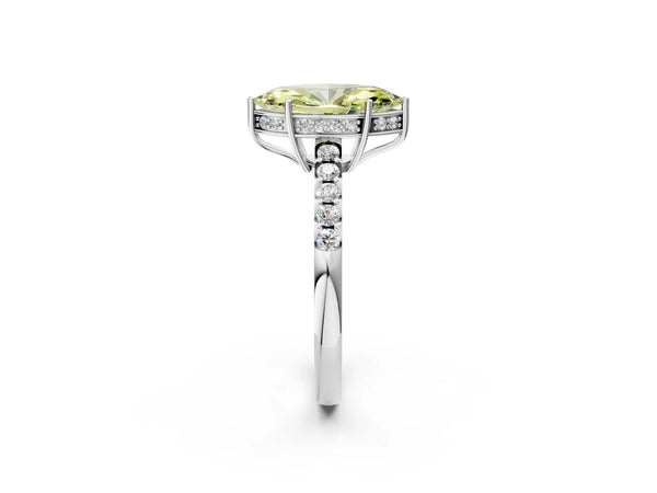 Platinum Fancy Yellow Marquise Cut Solitaire Diamond Engagement Ring with Pavé Band and Six-Prong Setting