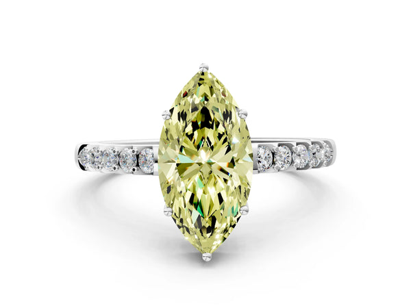 Platinum Fancy Yellow Marquise Cut Solitaire Diamond Engagement Ring with Pavé Band and Six-Prong Setting