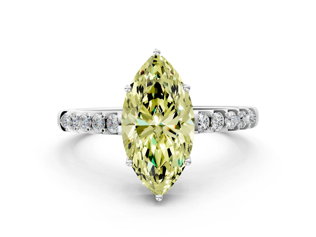 White gold Fancy Yellow Marquise Cut Solitaire Diamond Engagement Ring with Pavé Band and Six-Prong Setting_24