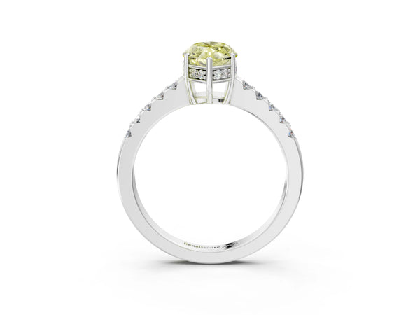 Platinum Fancy Yellow Marquise Cut Solitaire Diamond Engagement Ring with Pavé Band and Six-Prong Setting