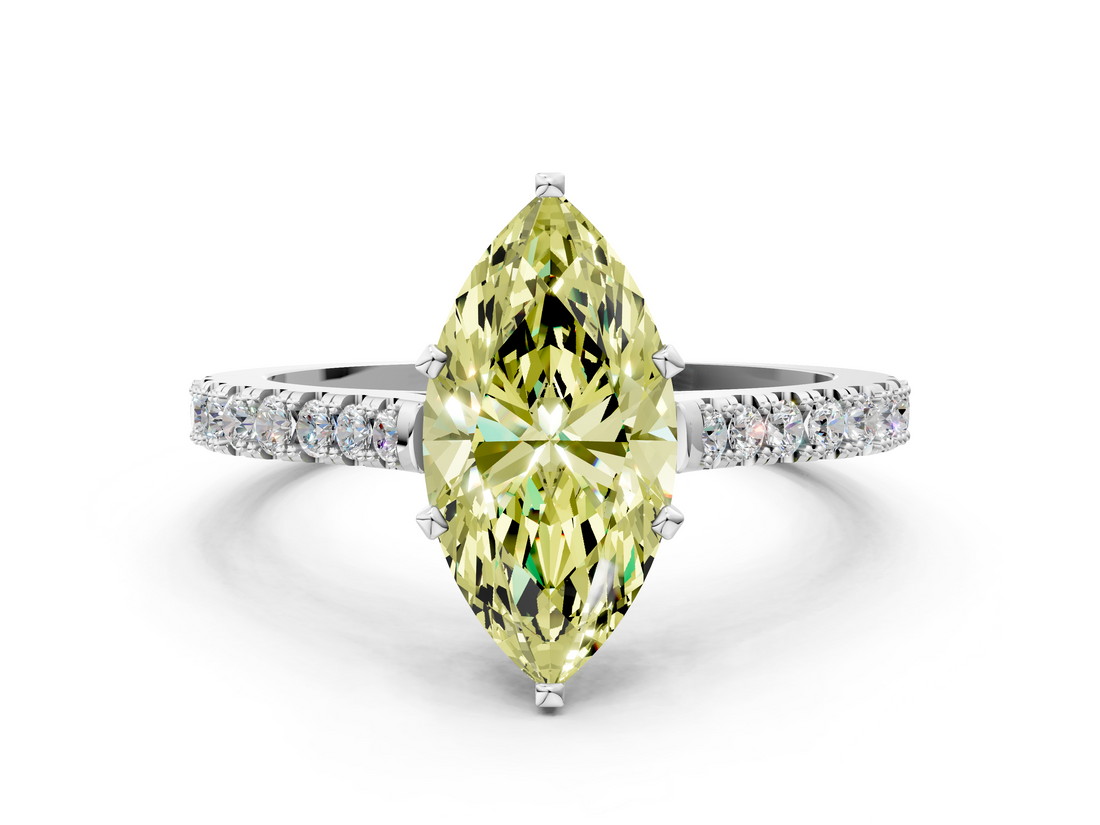 White gold Fancy Yellow Marquise  Cut Solitaire Diamond Engagement Ring with Pave Band and Four-Prong Setting