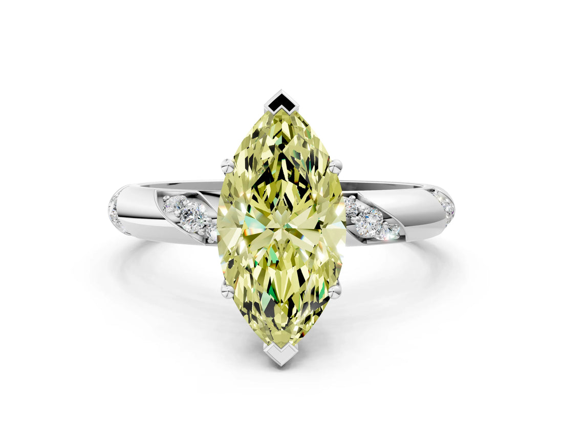 White gold Fancy Yellow Marquise Cut Solitaire Diamond Engagement Ring with Twisted Pave Band and Four-Prong Setting_19