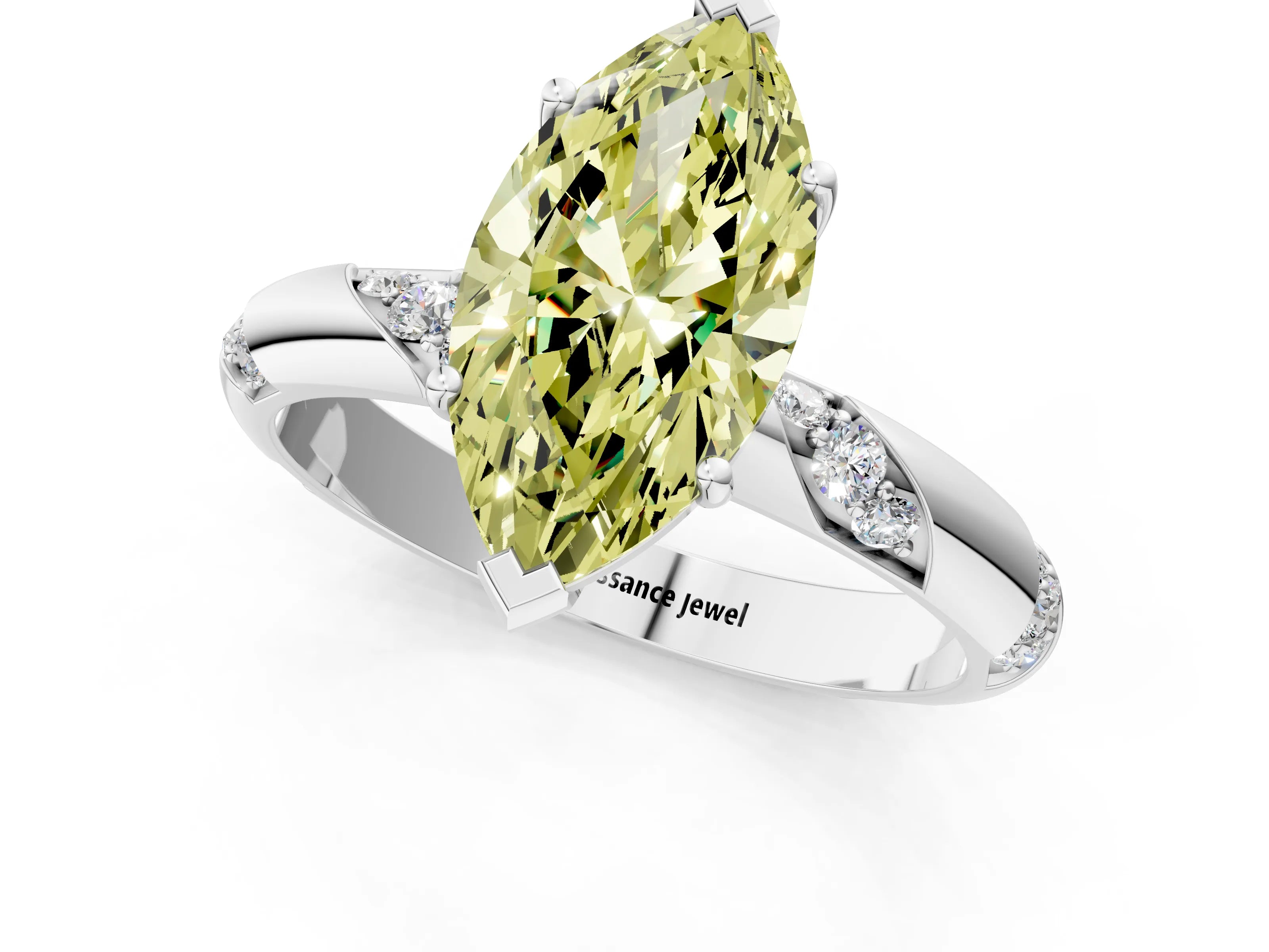 White gold Fancy Yellow Marquise Cut Solitaire Diamond Engagement Ring with Twisted Pave Band and Four-Prong Setting_20