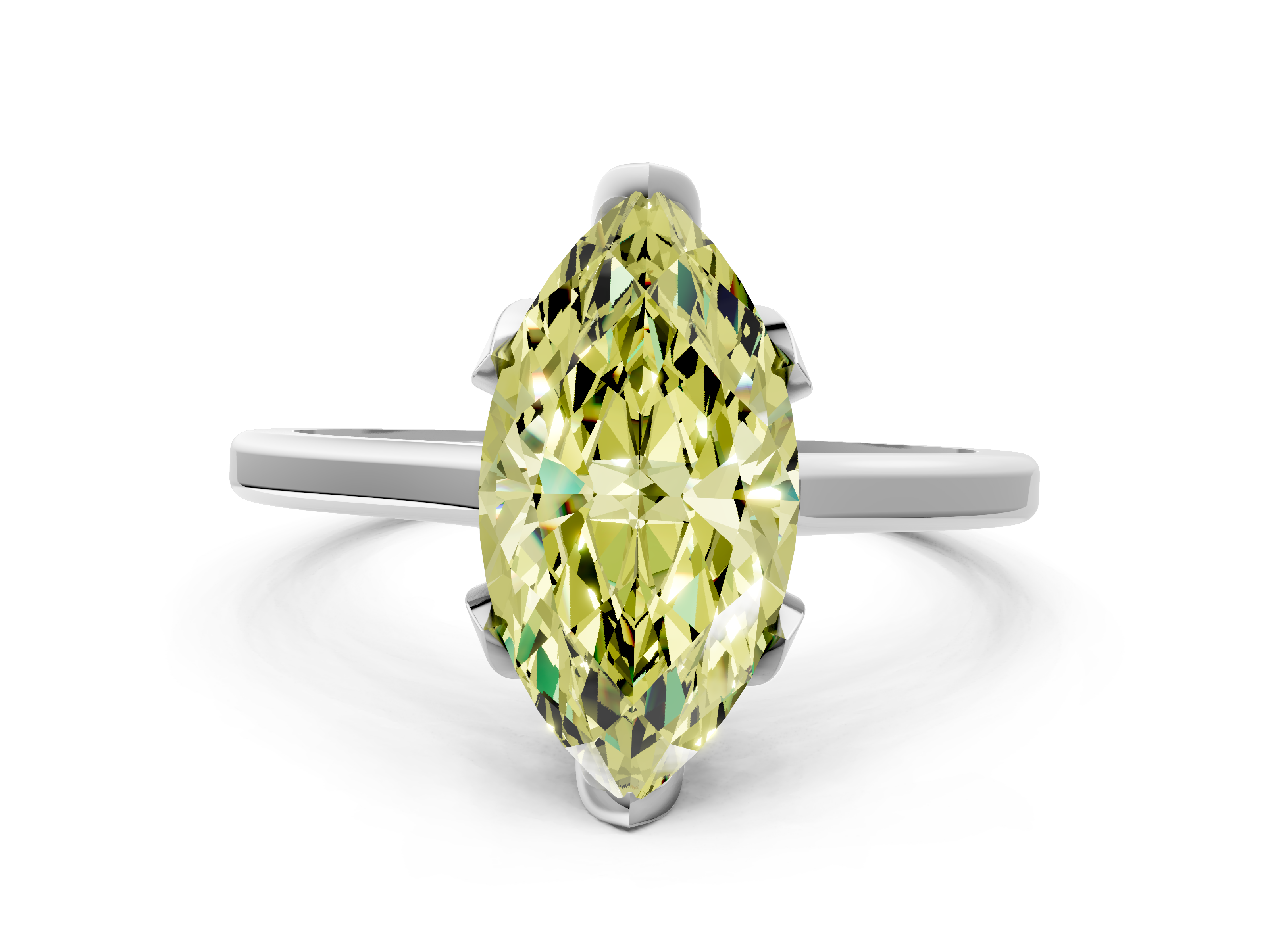 White gold Fancy Yellow Marquise  Cut Solitaire Diamond Ring with Flower-Prong Setting and Classic Band